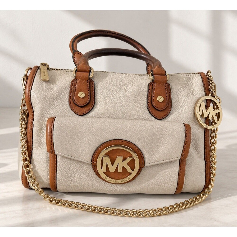 Vintage Michael Kors Cream Leather Satchel Shoulder Bag Tan Trim Gold Chain